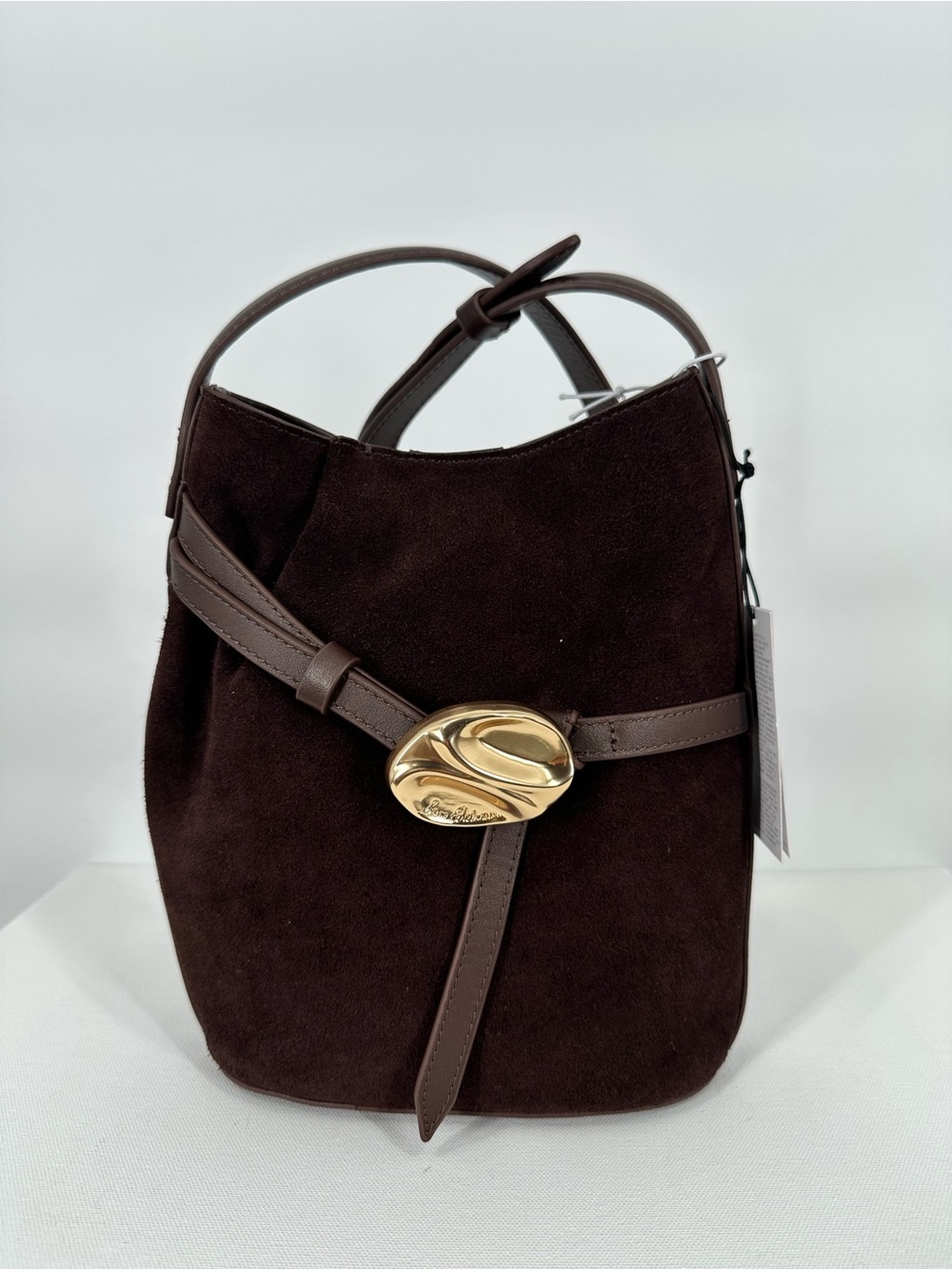 NWT Sam Edelman Cowhide Leather Suede Crossbody Chocolate Brown Bucket Tote Bag - Picture 15 of 16